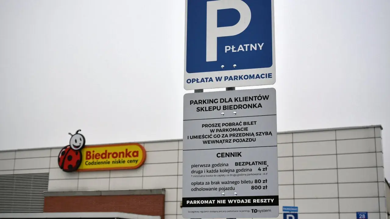 Znak parkingu płatnego przy Biedronce. Uważaj, by nie dostać mandatu za parkowanie, bo opłata za brak biletu to 80 zł.