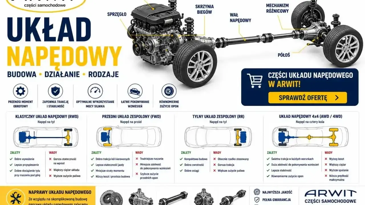 Schemat układu napędowego: silnik, skrzynia biegów, wał napędowy, mechanizm różnicowy, półosie. Omówienie budowy i rodzajów napędów.