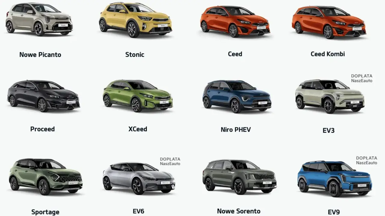 Różnorodne segmenty samochodów: Nowe Picanto, Stonic, Ceed, Ceed Kombi, Proceed, XCeed, Niro PHEV, EV3, Sportage, EV6, Nowe Sorento, EV9.
