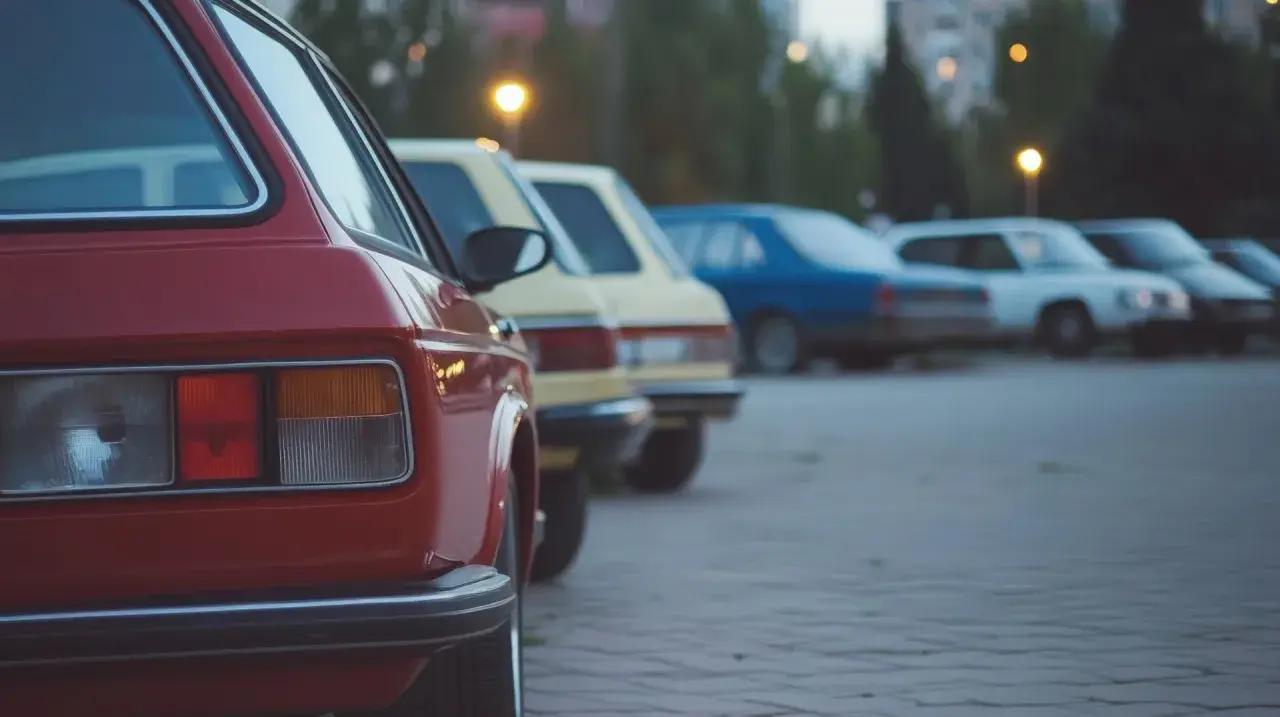 Rząd klasycznych, bezawaryjnych aut na parkingu. Czerwony klasyk z tyłu, za nim żółty, niebieski i biały.
