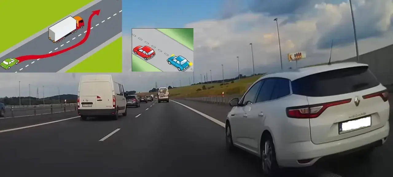 Ilustracje i zdjęcie z autostrady pokazujące manewry wyprzedzania.