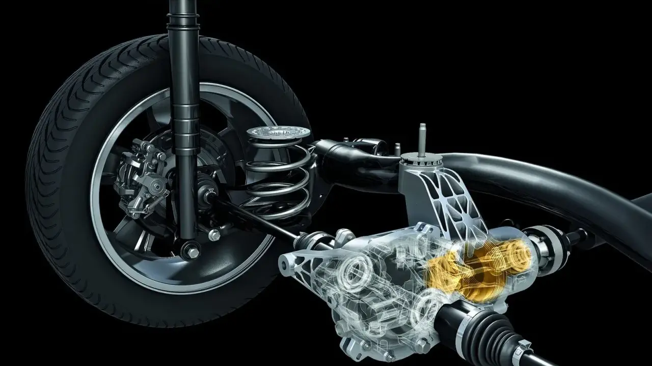 Przekładnia napędu 4x4 z widocznym mechanizmem i elementami zawieszenia.