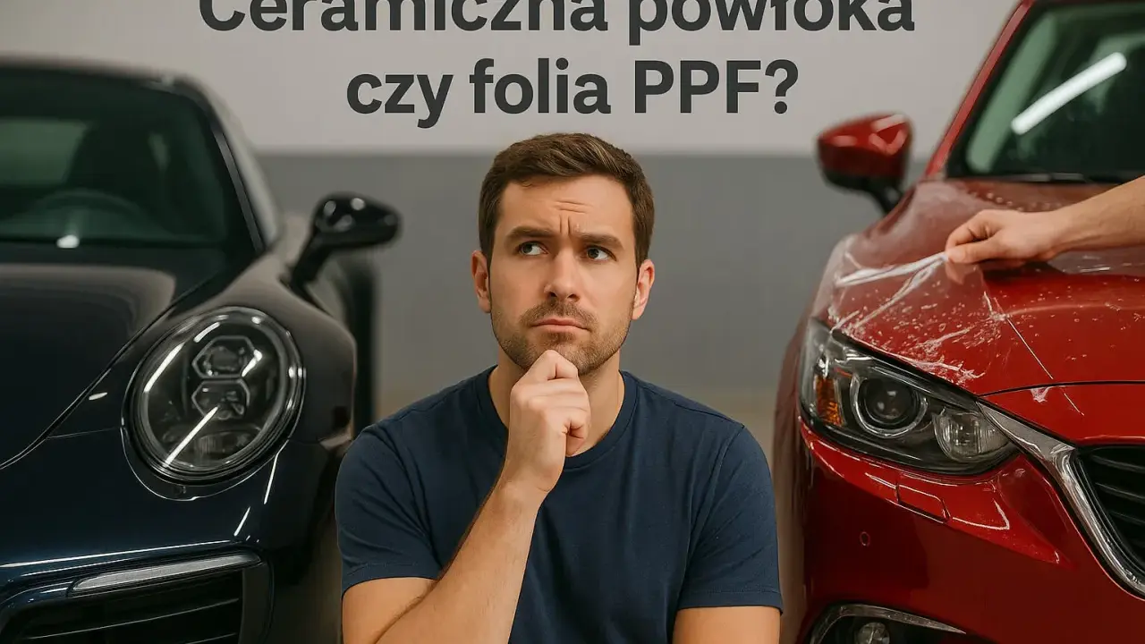 Mężczyzna zastanawia się nad wyborem między ceramiczną powłoką a folią PPF do ochrony lakieru samochodowego.
