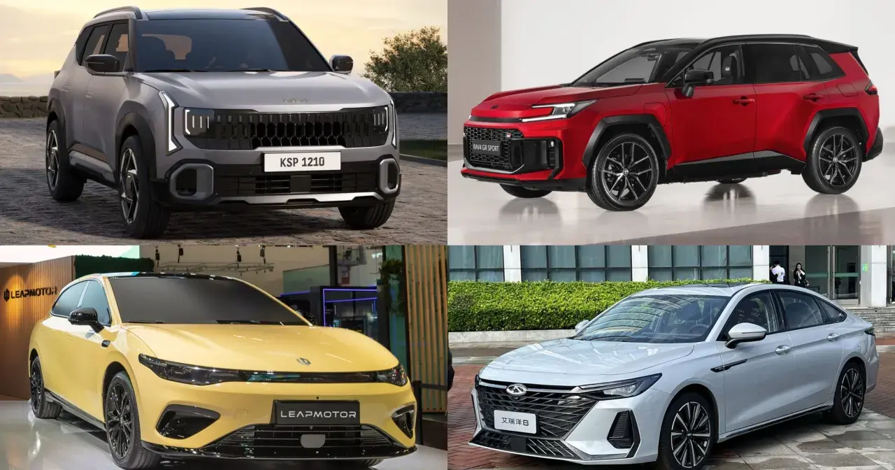 Kompilacja nowoczesnych samochodów klasy premium: szary SUV, czerwony SUV sportowy, żółty sedan i biały sedan.