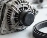 Alternator z kołem pasowym i paskiem. Objawy uszkodzenia sprzęgła alternatora mogą być różne, np. piski.