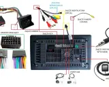 Schemat podłączenia radia samochodowego: złącza zasilania, CANBUS, RCA, kamery cofania, anteny, GPS i USB.