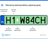 Zielone tablice rejestracyjne: Euroband, PL, wyróżnik miasta, województwa, nalepka legalizacyjna i indywidualny.