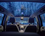 Widok z wnętrza samochodu przez dach panoramiczny na nocny las i wieżę widokową.