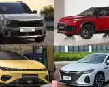 Cztery nowoczesne miejskie auta: szary SUV, czerwony SUV, żółty sedan i srebrny sedan.