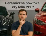 Mężczyzna zastanawia się nad wyborem między ceramiczną powłoką a folią PPF do ochrony lakieru samochodowego.