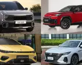 Kompilacja nowoczesnych samochodów klasy premium: szary SUV, czerwony SUV sportowy, żółty sedan i biały sedan.
