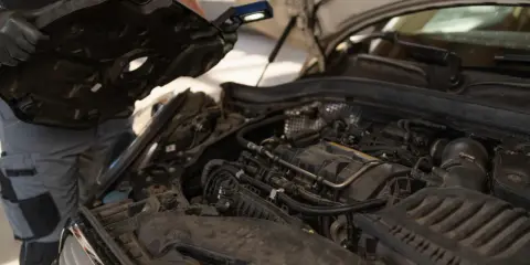 Mechanik sprawdza silnik, być może z powodu wysokiej temperatury płynu chłodniczego. Odkrywa osłonę silnika, używając latarki.
