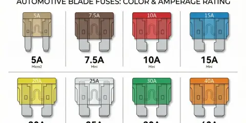 Przykładowe rodzaje bezpieczników samochodowych: Micro2 5A, Mini 7.5A, 10A, 15A, 25A, Standard 20A, 30A, 40A.