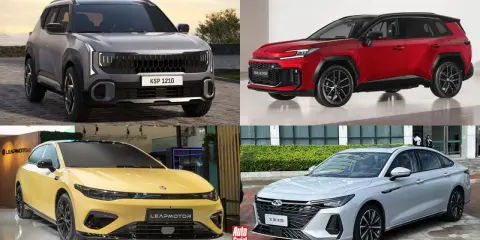 Cztery nowoczesne miejskie auta: szary SUV, czerwony SUV, żółty sedan i srebrny sedan.