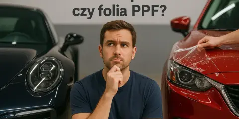 Mężczyzna zastanawia się nad wyborem między ceramiczną powłoką a folią PPF do ochrony lakieru samochodowego.