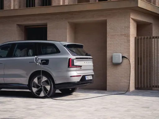 Srebrny, duży SUV Volvo EX90 podłączony do ładowarki ściennej. Nowoczesny design i ekologiczna energia.