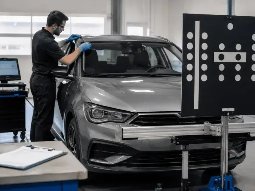 Mechanik w warsztacie przygotowuje samochód do wymiany szyby, używając specjalistycznego sprzętu.