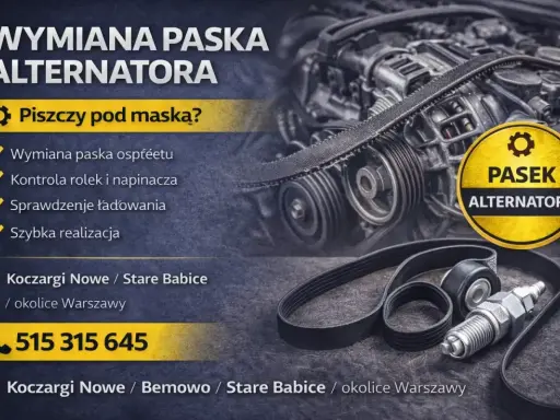 Wymiana paska klinowego w samochodzie. Słychać piski pod maską? Szybka wymiana paska alternatora, kontrola rolek i napinacza. Zadzwoń!