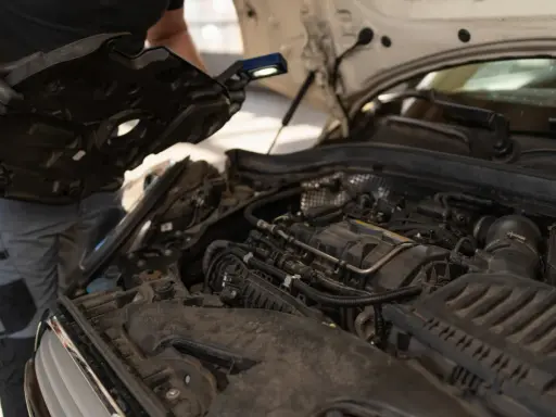 Mechanik sprawdza silnik, być może z powodu wysokiej temperatury płynu chłodniczego. Odkrywa osłonę silnika, używając latarki.