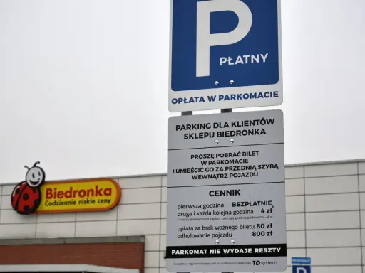 Znak parkingu płatnego przy Biedronce. Uważaj, by nie dostać mandatu za parkowanie, bo opłata za brak biletu to 80 zł.