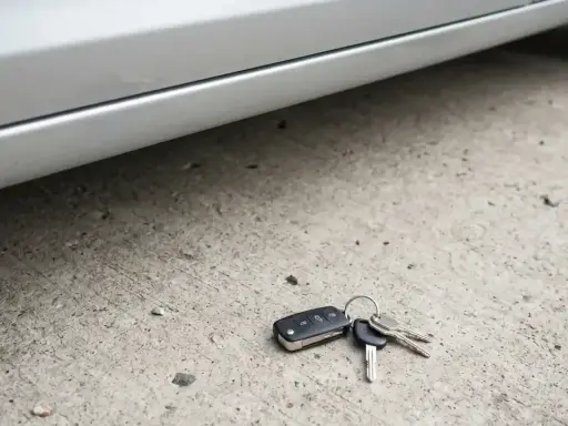 Zgubione kluczyki od samochodu leżą na betonie. Brak zapasowych, co oznacza kłopoty.