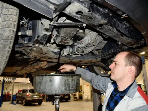 Mechanik wymienia olej w Skodzie Fabii. Regularna wymiana oleju co 15 tys. km lub raz w roku zapewnia długą żywotność silnika.