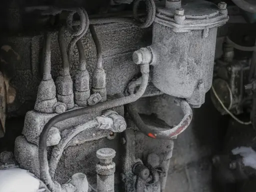 Silnik pokryty szronem, z widocznymi przewodami paliwowymi. Diesel zamarza w temperaturze ok. -20°C, co może powodować problemy z uruchomieniem.