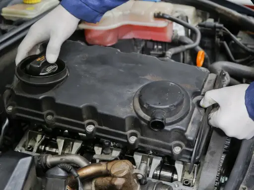 Mechanik w białych rękawiczkach sprawdza silnik, odkręcając korek wlewu oleju. Widać elementy rozrządu i pokrywę zaworów.