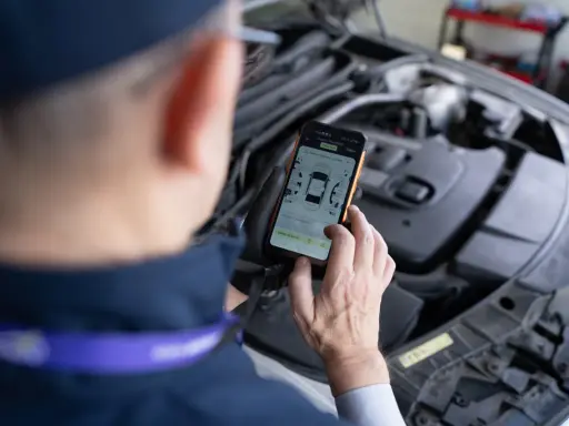 Mechanik sprawdza kody samochodowe na telefonie, analizując raport z pomiaru lakieru i szczelin.
