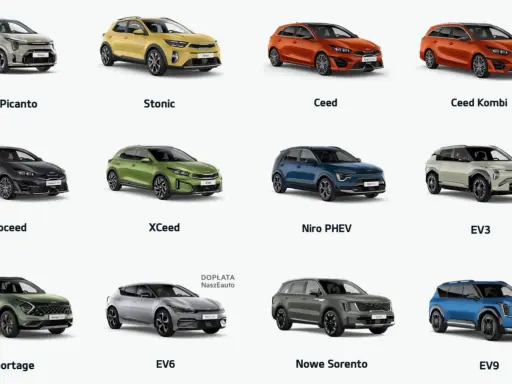 Różnorodne segmenty samochodów: Nowe Picanto, Stonic, Ceed, Ceed Kombi, Proceed, XCeed, Niro PHEV, EV3, Sportage, EV6, Nowe Sorento, EV9.
