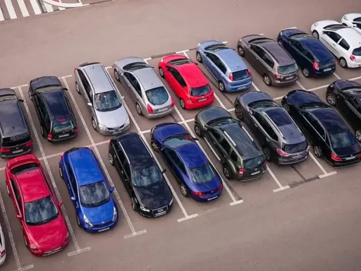 Rząd samochodów na parkingu, w tym czerwony, niebieski i srebrny. Jeden z nich czeka na odholowanie.