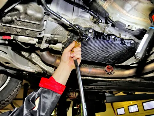 Mechanik wykonuje wymianę oleju w skrzyni automatycznej, używając specjalistycznego sprzętu do serwisu.