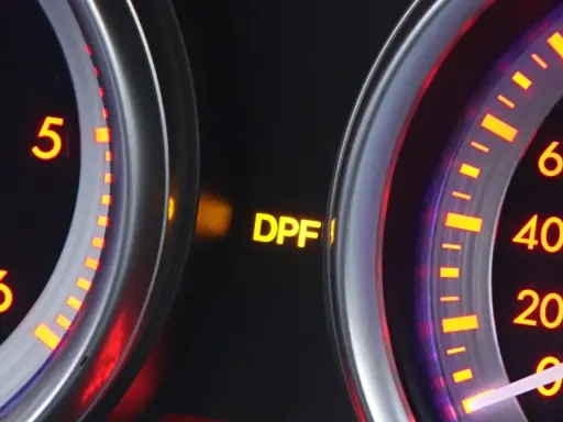 Żółta kontrolka DPF świeci się na desce rozdzielczej, sygnalizując potencjalne problemy z filtrem cząstek stałych.