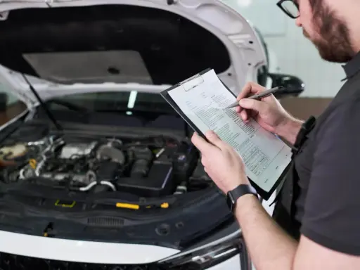 Mechanik sprawdza listę kontrolną przed przeglądem technicznym samochodu. Oplata za przeglad jest już ustalona.