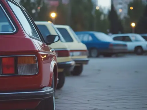 Rząd klasycznych, bezawaryjnych aut na parkingu. Czerwony klasyk z tyłu, za nim żółty, niebieski i biały.