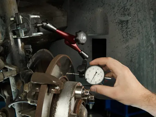 Mechanik mierzy bicie przy hamowaniu z dużej prędkości za pomocą czujnika zegarowego.