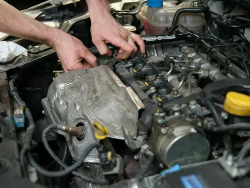 Mechanik pracuje przy silniku, sprawdzając czujnik wałka rozrządu. Objawy jego awarii mogą być różne.