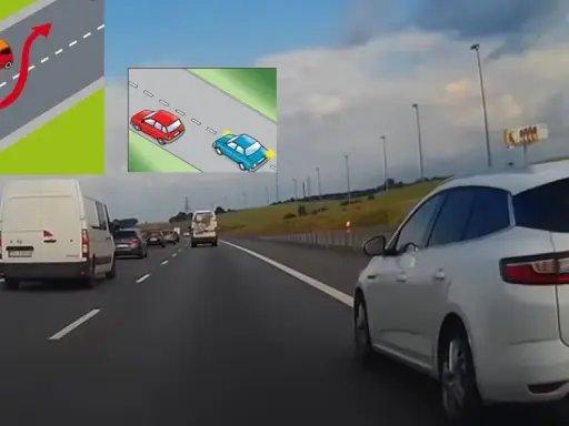 Ilustracje i zdjęcie z autostrady pokazujące manewry wyprzedzania.