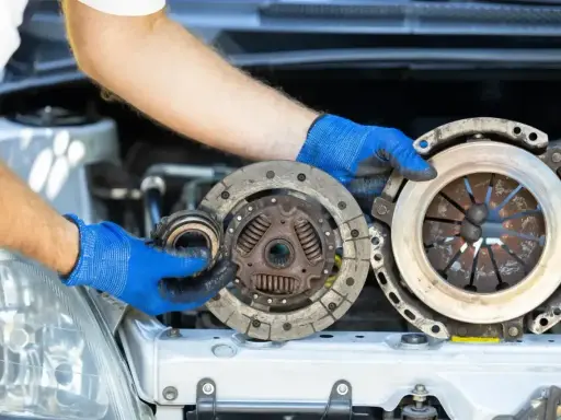 Mechanik w niebieskich rękawiczkach trzyma części samochodowe. Wygląda na to, że właśnie wymienia ślizgające się sprzęgło.