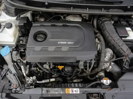Silnik CRDi 1.6V w samochodzie. Widoczny czarny plastikowy dekiel silnika z napisem CRDi 16V, elementy układu dolotowego i chłodzenia.