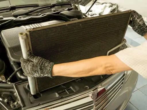 Mechanik w rękawicach wyjmuje duży, czarny skraplacz klimatyzacji z komory silnika samochodu.
