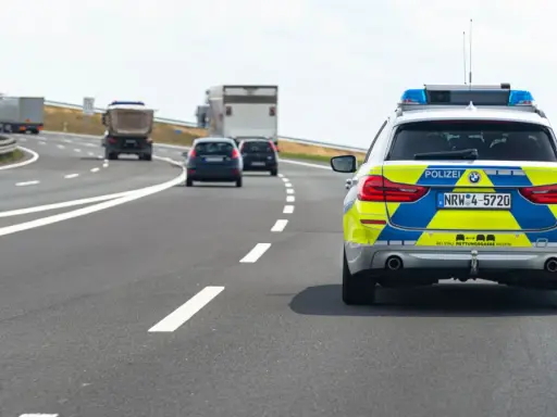 Niemiecka autostrada bez ograniczeń, gdzie policyjny radiowóz jedzie za innymi pojazdami.
