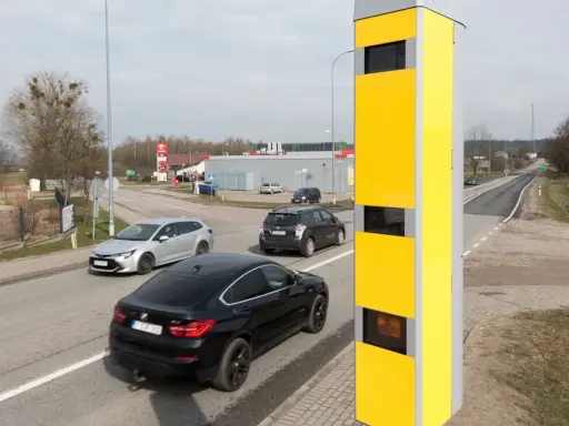 Żółty fotoradar przy drodze, monitorujący ruch samochodów. Tak działa system, który rejestruje prędkość pojazdów.