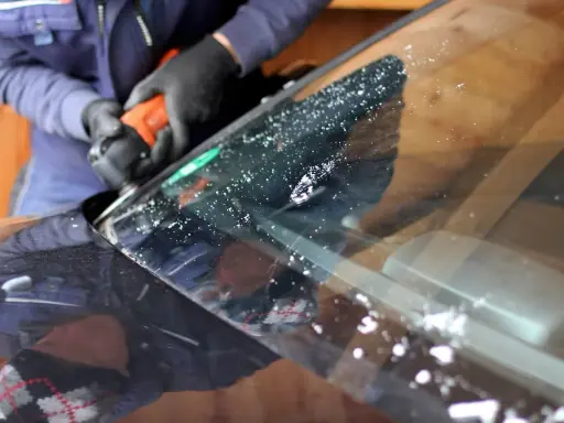 Ręce w czarnych rękawiczkach trzymają pomarańczowe narzędzie, które usuwa drobne odpryski na szybie samochodu.