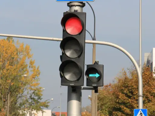 Sygnalizacja świetlna z czerwonym światłem i zielona strzałka wskazująca skręt w prawo.