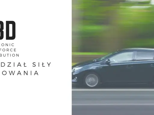 EBD - elektroniczny rozdział siły hamowania. Ciemny samochód w ruchu, zamazane tło.