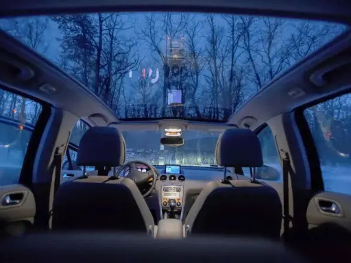 Widok z wnętrza samochodu przez dach panoramiczny na nocny las i wieżę widokową.