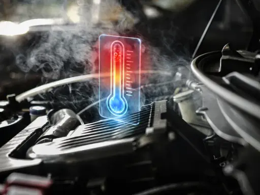 Gorący silnik samochodu, z którego unosi się para. Na pierwszym planie cyfrowy termometr w samochodzie pokazuje wysokie temperatury.