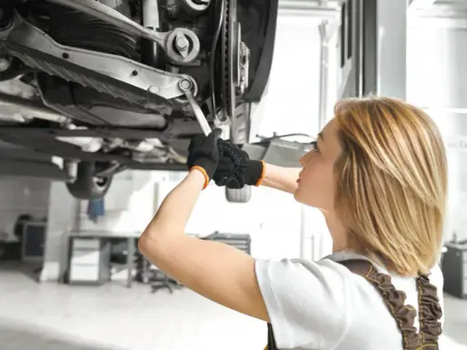 Mechanik sprawdza podwozie auta, szukając objawów uszkodzonego amortyzatora.
