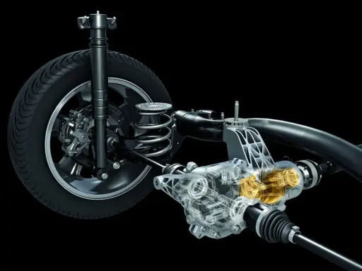 Przekładnia napędu 4x4 z widocznym mechanizmem i elementami zawieszenia.